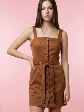 Abercrombie & Fitch Y2K Brown Suede-Look Button Front Belted Mini Jumper Dress-L